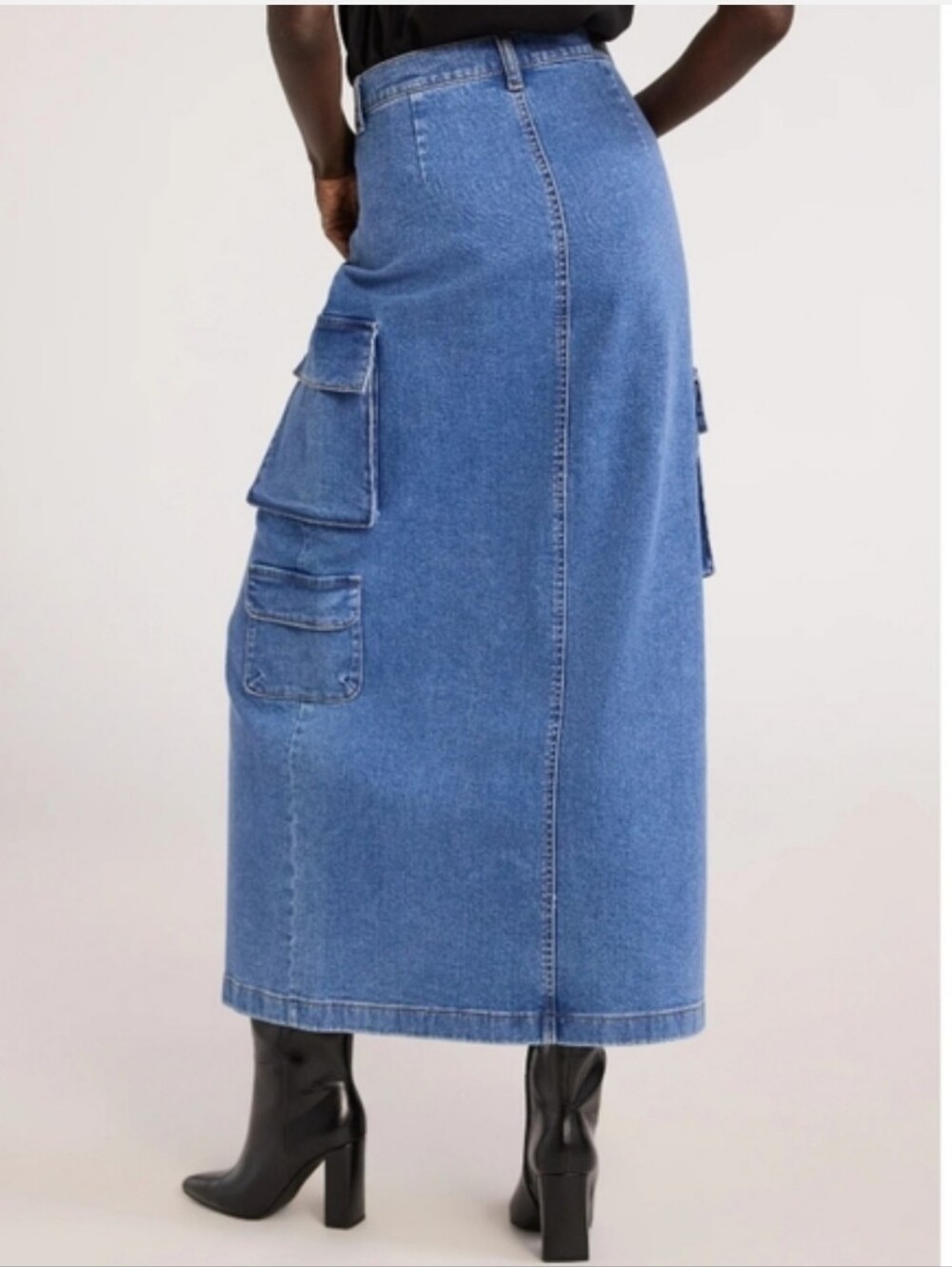 Denim Cargo Utility Blue Maxi Skirt Front Slit Fall Western Boho Going Out 10 - Picture 2 of 12